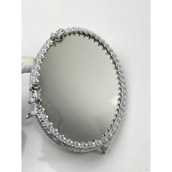 Vtg Sam Fink Vanity Tray Mirror Silver Tone Oval Cherubs Flowers Harp Feet CO126 - Picture 5 of 10